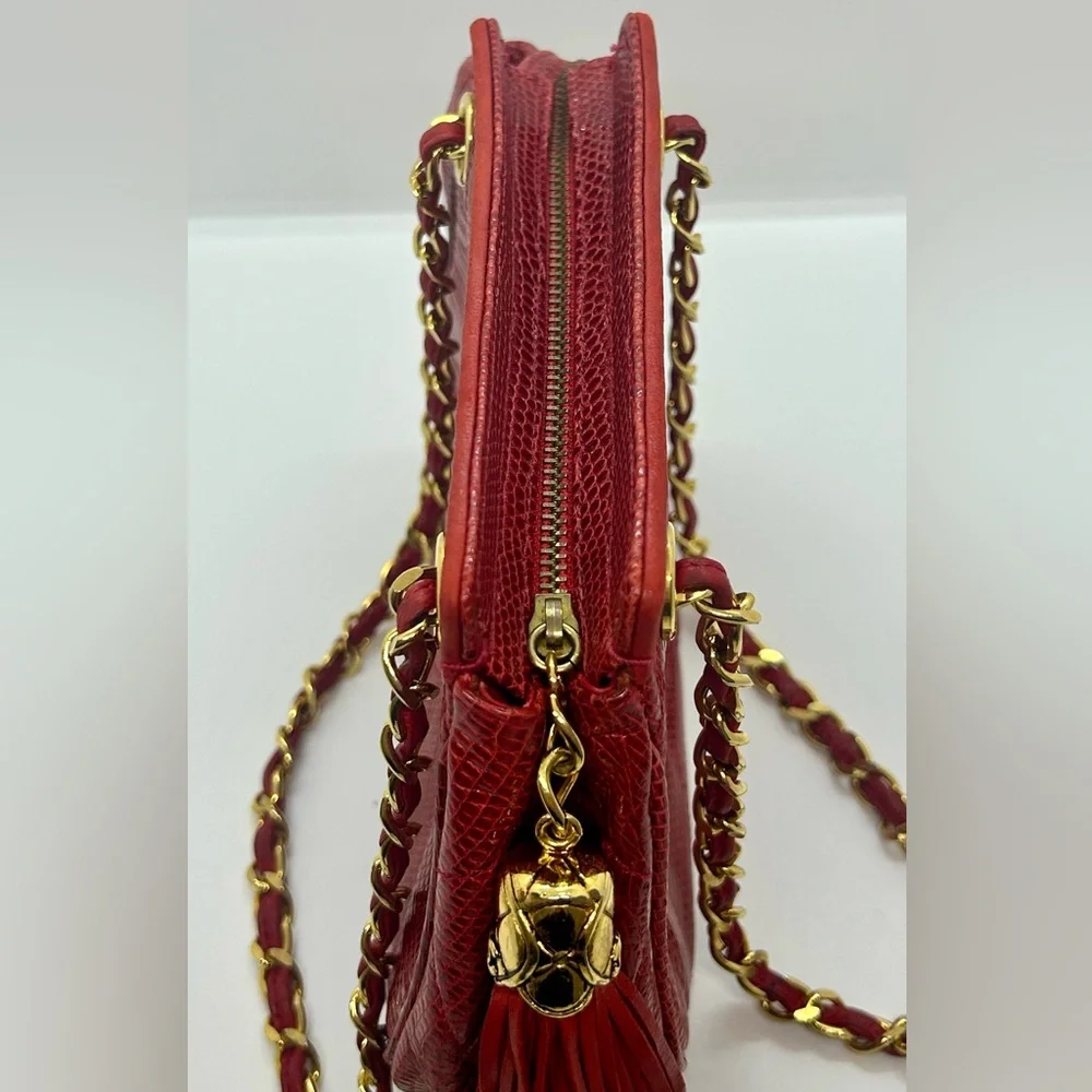 CHANEL Vintage Red Lizard Skin Hexagon Gold Chain Shoulder Bag